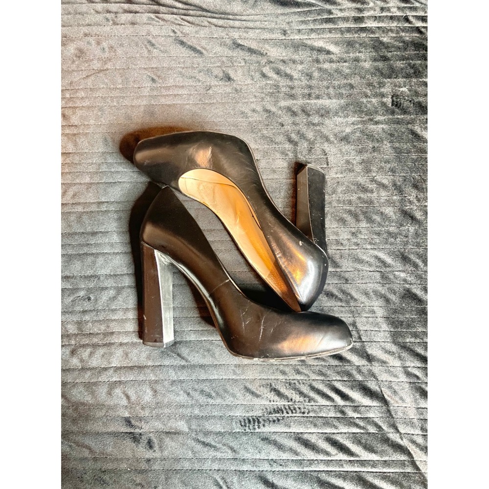 Nine West NWDESIRED Black Leather Block Heel Pumps Round Toe Sz 7M